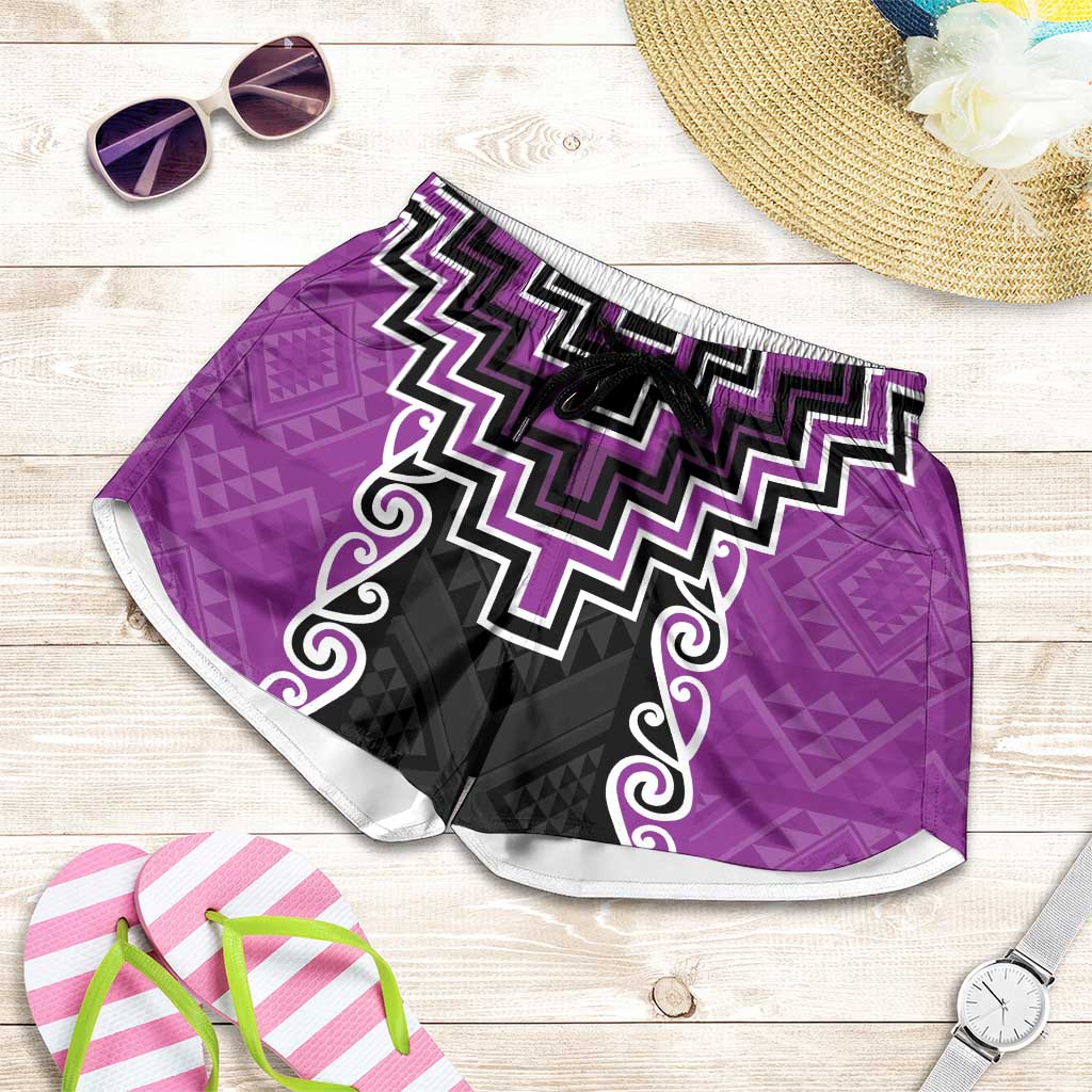 Purple Niho Taniwha Mix Poutama Shorts for Women Unique Taniko Aotearoa LT01 Purple - Polynesian Pride