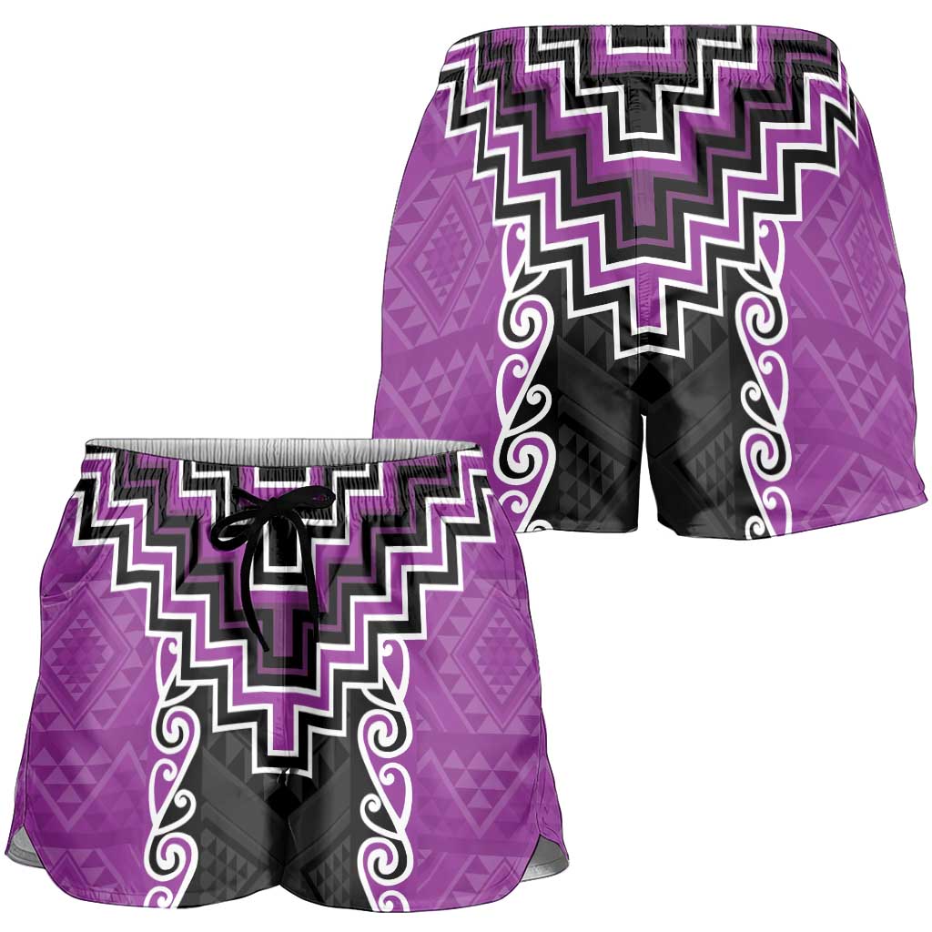 Purple Niho Taniwha Mix Poutama Shorts for Women Unique Taniko Aotearoa LT01 - Polynesian Pride