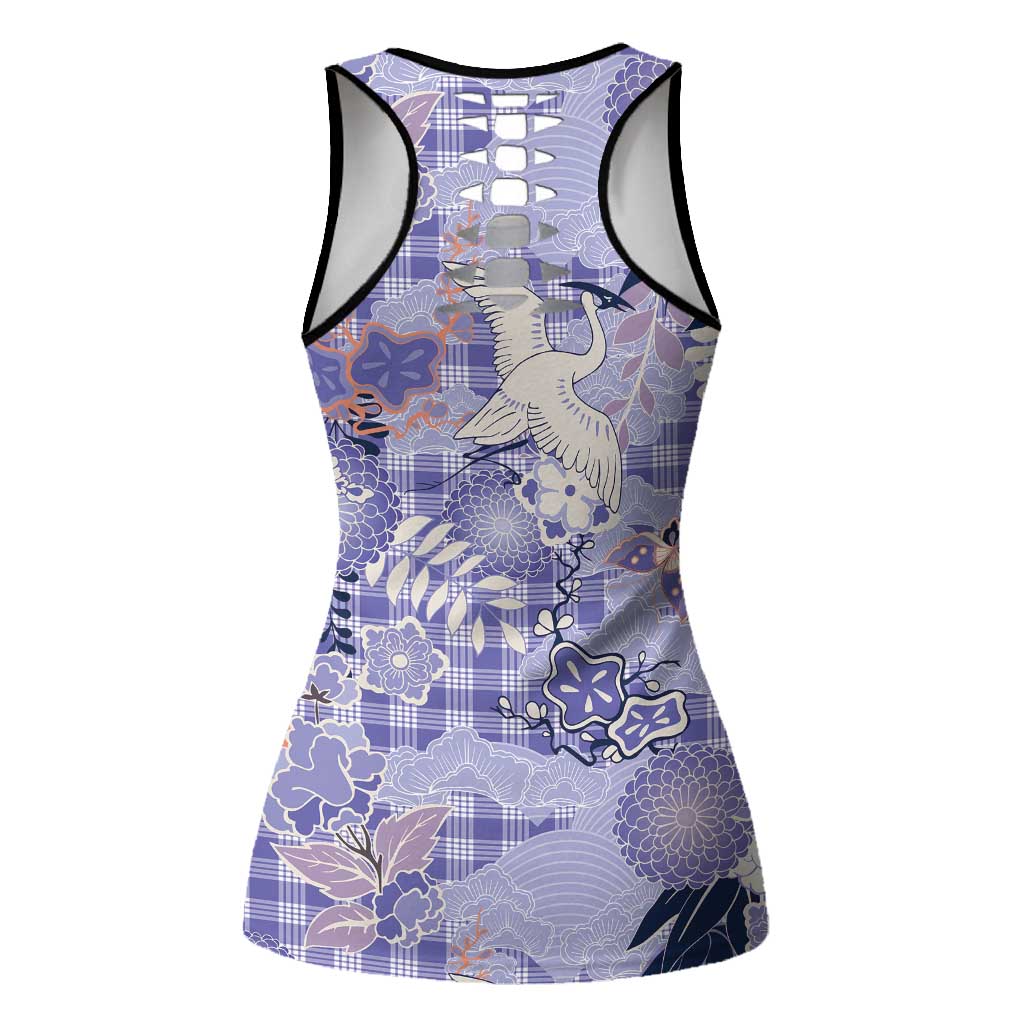 Purple Palaka Crane and Flowers Hollow Tank Top Japan Heritage Spirit LT9 - Polynesian Pride