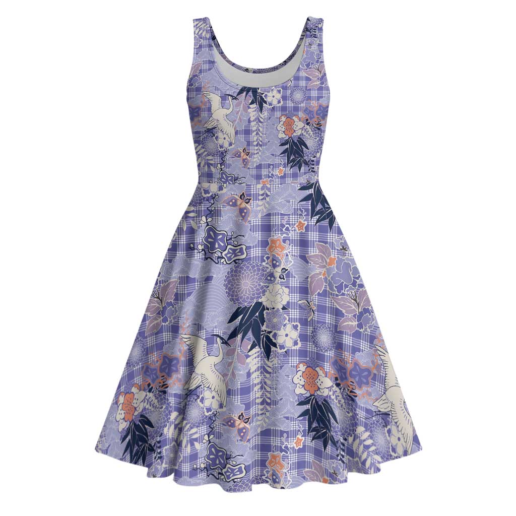 Purple Palaka Crane and Flowers Midi Dress Japan Heritage Spirit - Polynesian Pride