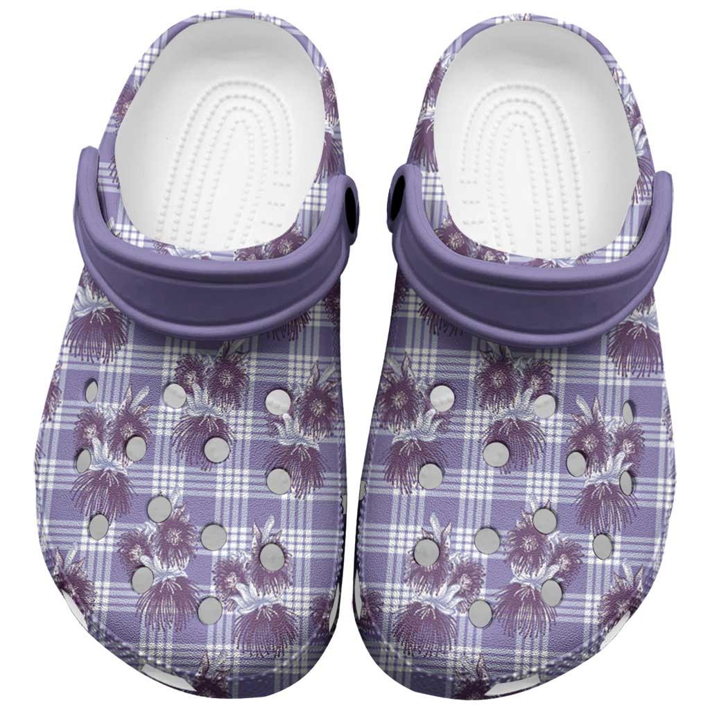 Purple Palaka Hawaii Clogs Shoes Hawaiian Lehua Blossoms