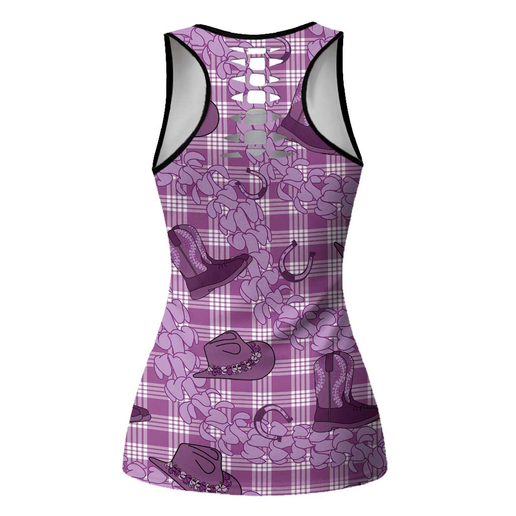 Purple Palaka Hawaii Cowboy Hollow Tank Top Puakenikeni Lei Paniolo Papale Seamless Vibes - Polynesian Pride