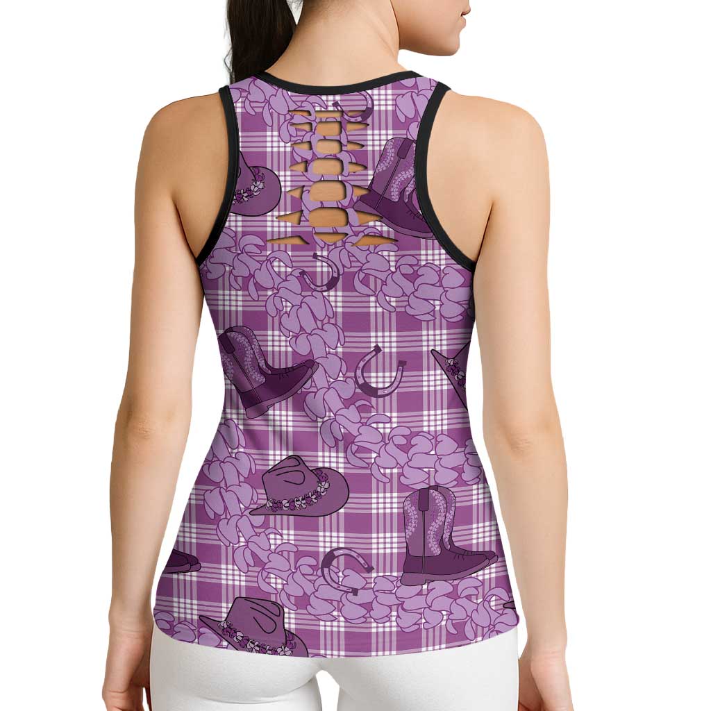 Purple Palaka Hawaii Cowboy Hollow Tank Top Puakenikeni Lei Paniolo Papale Seamless Vibes - Polynesian Pride