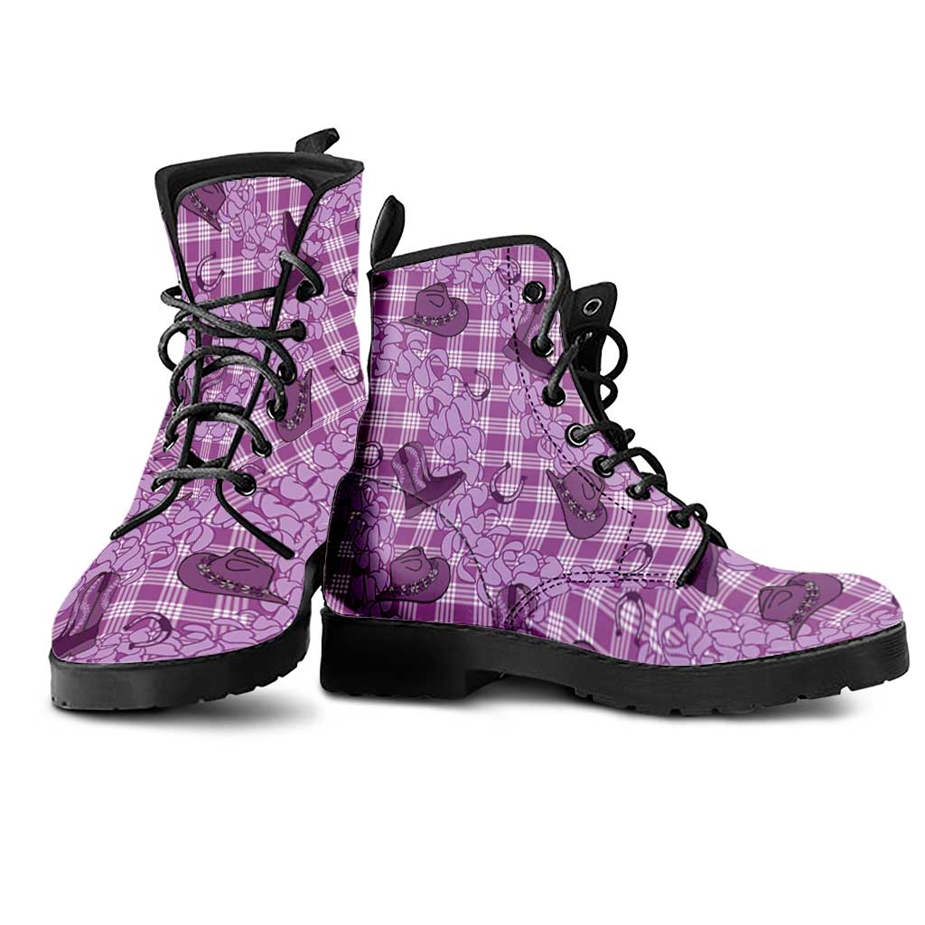 Purple Palaka Hawaii Cowboy Leather Boots Puakenikeni Lei Paniolo Papale Seamless Vibes - Polynesian Pride