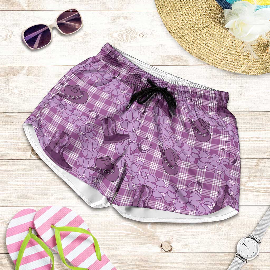 Purple Palaka Hawaii Cowboy Shorts for Women Puakenikeni Lei Paniolo Papale Seamless Vibes - Polynesian Pride