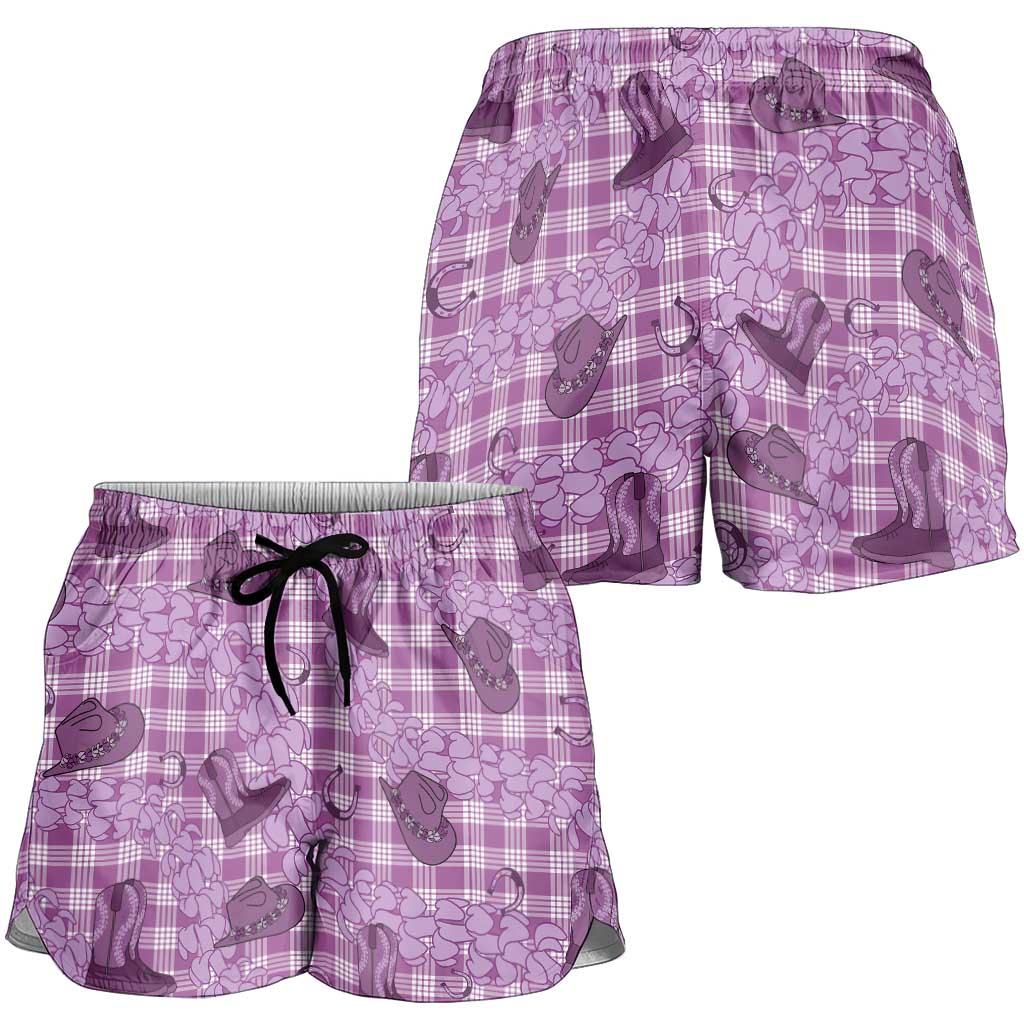 Purple Palaka Hawaii Cowboy Shorts for Women Puakenikeni Lei Paniolo Papale Seamless Vibes - Polynesian Pride