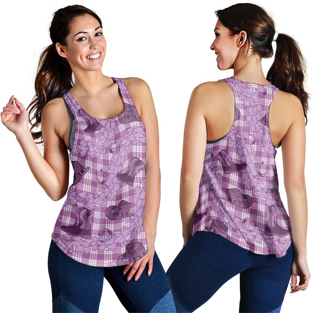 Purple Palaka Hawaii Cowboy Women Racerback Tank Puakenikeni Lei Paniolo Papale Seamless Vibes - Polynesian Pride