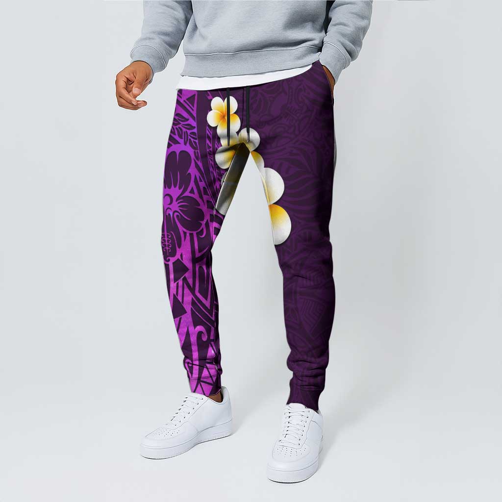 Purple Polynesia Jogger Pants Plumeria Tropical Leaves With Galaxy Polynesian Art - Polynesian Pride