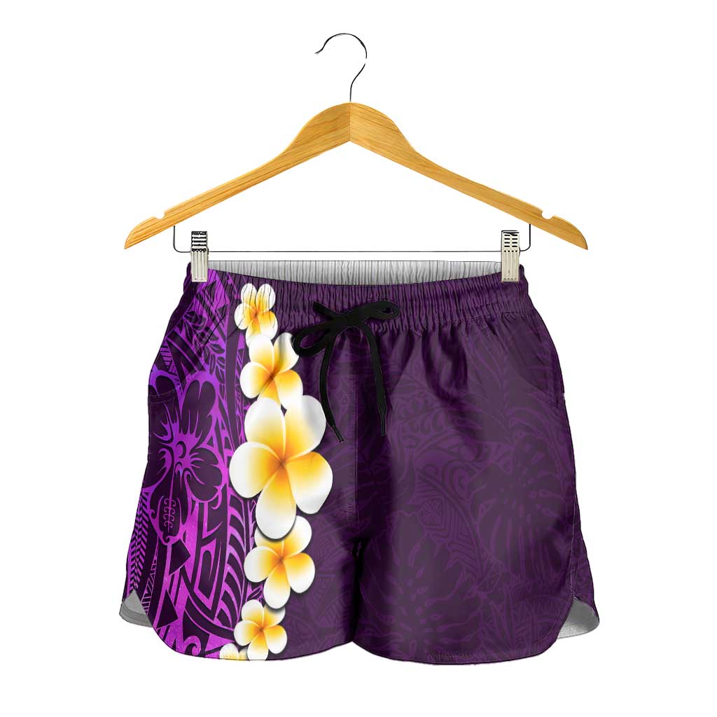 Purple Polynesia Shorts for Women Plumeria Tropical Leaves With Galaxy Polynesian Art LT14 - Polynesian Pride