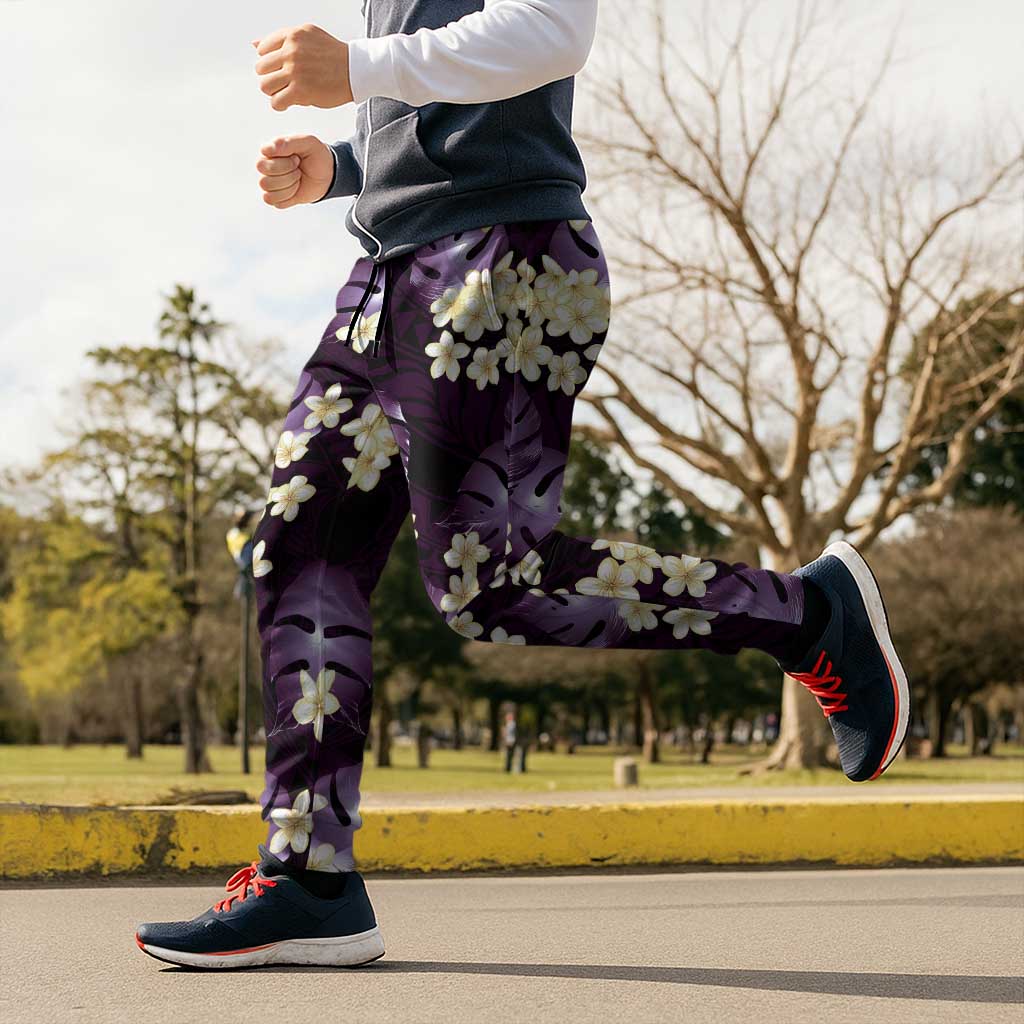 Purple Tropical Hawaii Jogger Pants Seamless Monstera Plumeria Hawaiian Pattern - Polynesian Pride