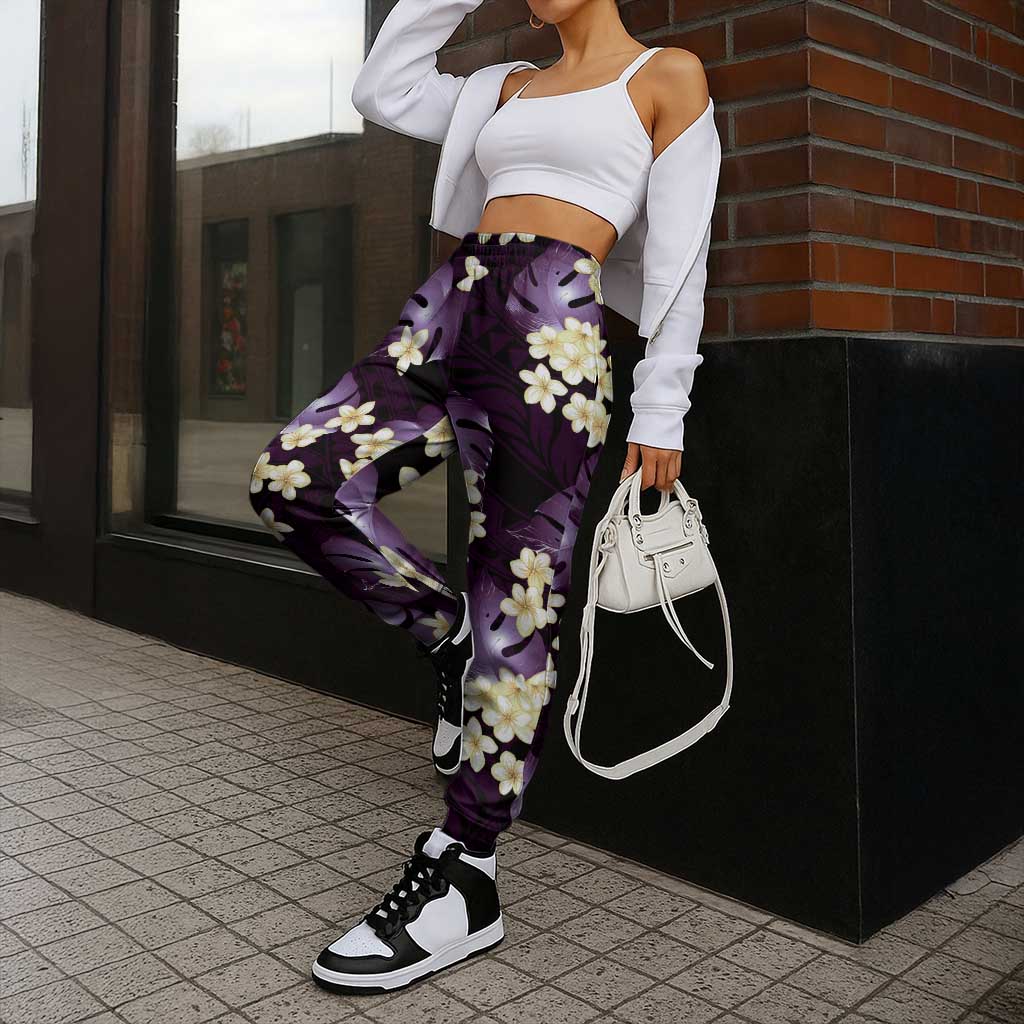 Purple Tropical Hawaii Jogger Pants Seamless Monstera Plumeria Hawaiian Pattern - Polynesian Pride