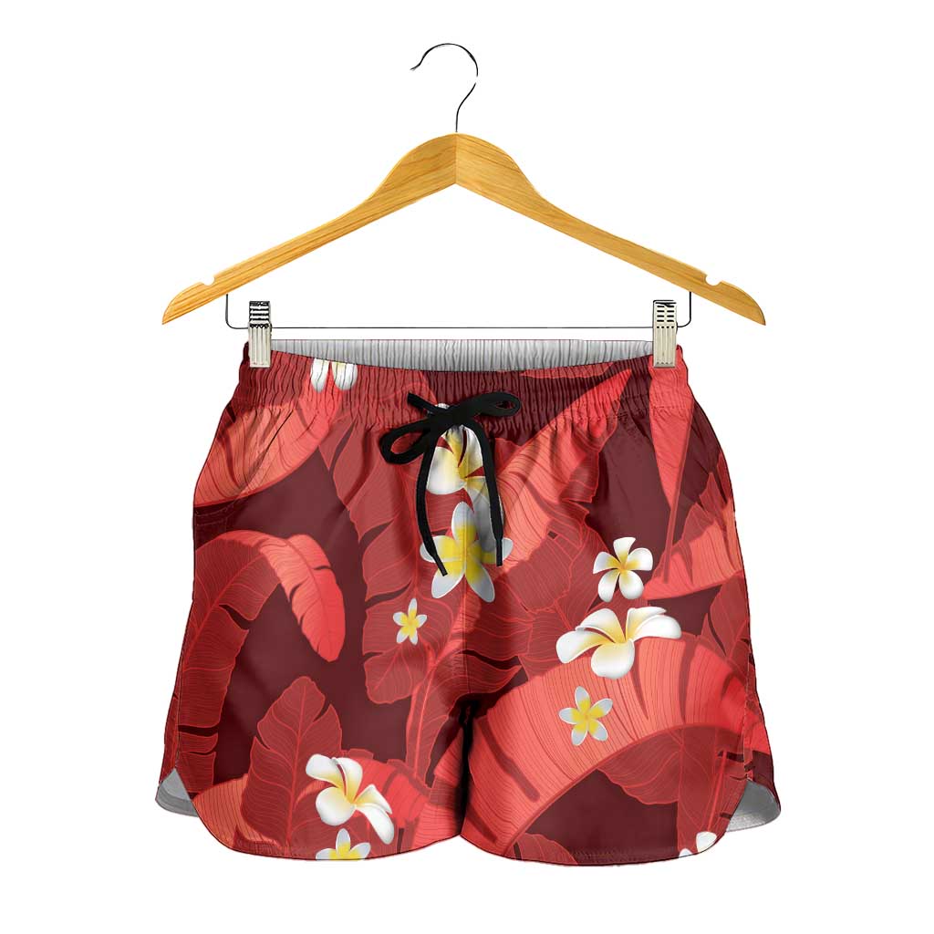 Red Banana Leaf Hawaii Shorts for Women Lau Maia Plumeria Tropical Summer Vibes