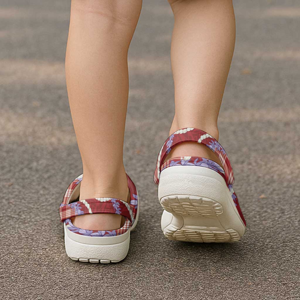 Red Hawaii Palaka Honohono Pikake Clogs Shoes Hawaiian Orchid Lei Polynesian Pattern - Polynesian Pride