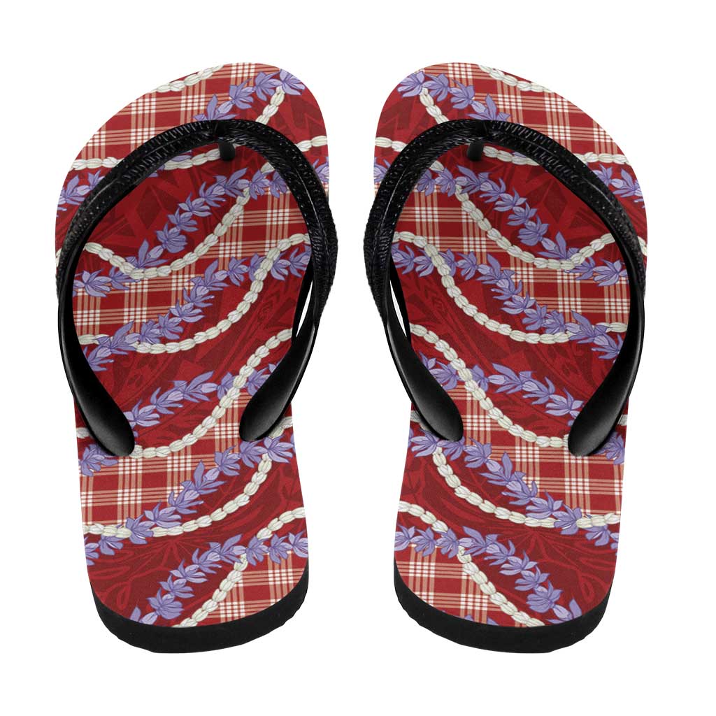 Red Hawaii Palaka Honohono Pikake Flip Flops Hawaiian Orchid Lei Polynesian Pattern - Polynesian Pride