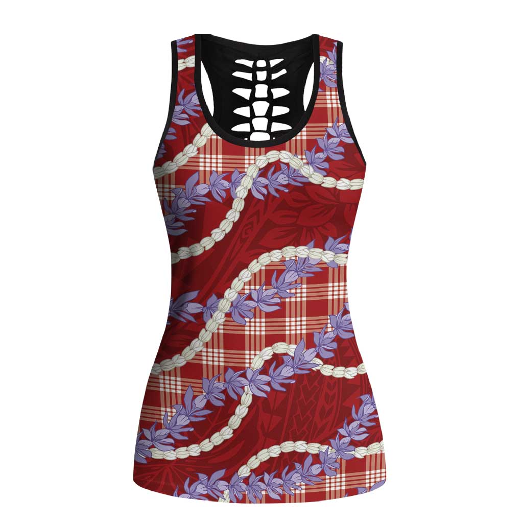 Red Hawaii Palaka Honohono Pikake Hollow Tank Top Hawaiian Orchid Lei Polynesian Pattern LT14 Female Red - Polynesian Pride