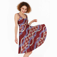 Red Hawaii Palaka Honohono Pikake Midi Dress Hawaiian Orchid Lei Polynesian Pattern - Polynesian Pride