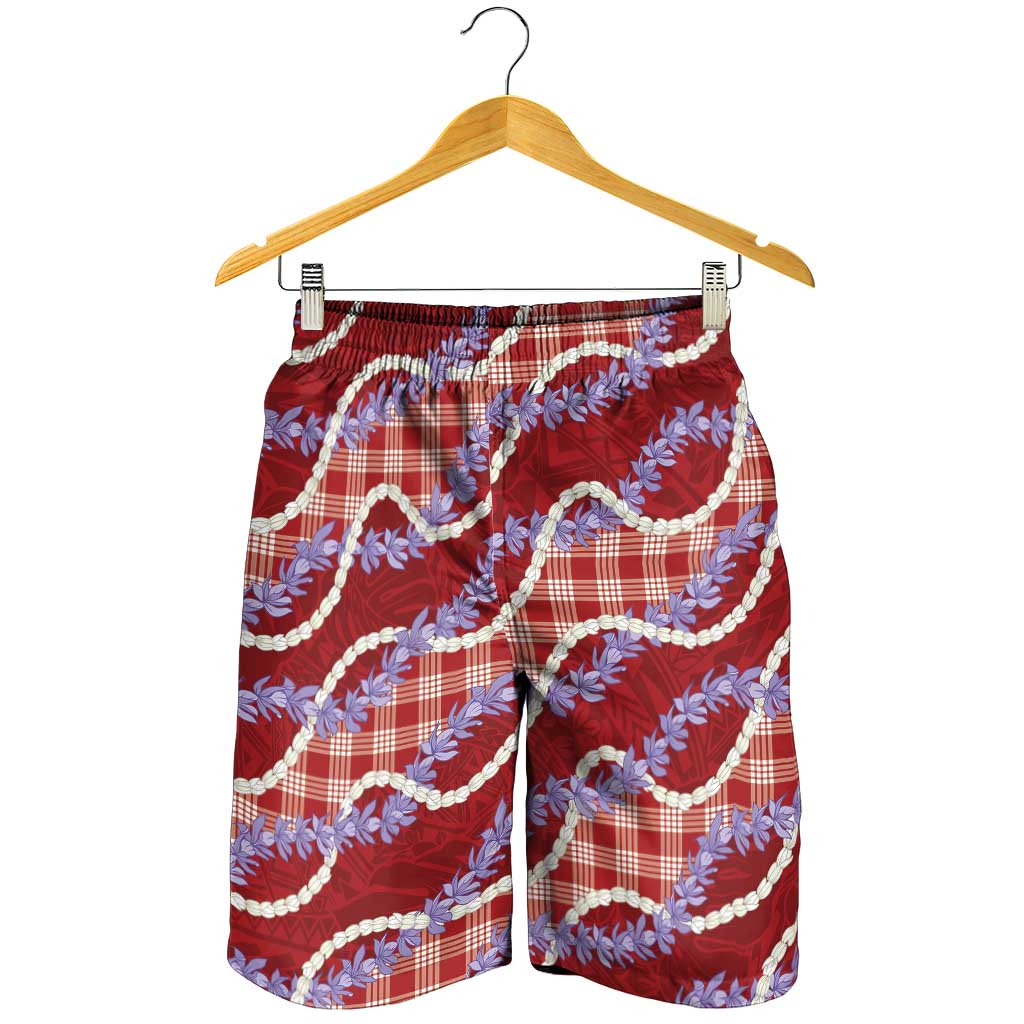 Red Hawaii Palaka Honohono Pikake Shorts for Men Hawaiian Orchid Lei Polynesian Pattern LT14 - Polynesian Pride