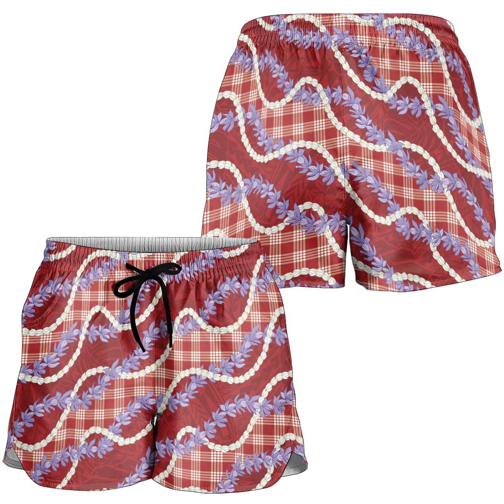 Red Hawaii Palaka Honohono Pikake Shorts for Women Hawaiian Orchid Lei Polynesian Pattern - Polynesian Pride