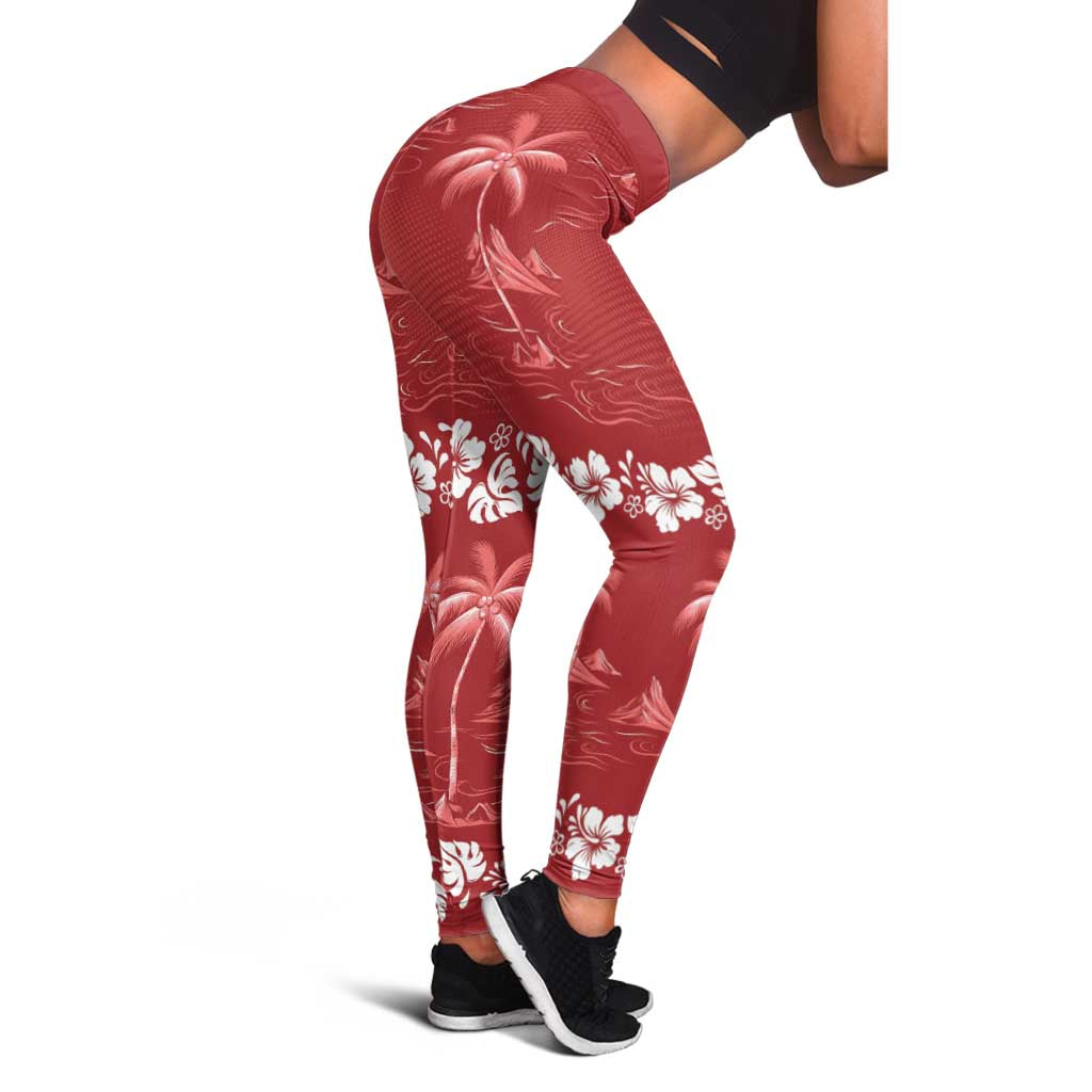 Red Hawaii Palm Tree Hibiscus Leggings Fantasy Summer Vibe
