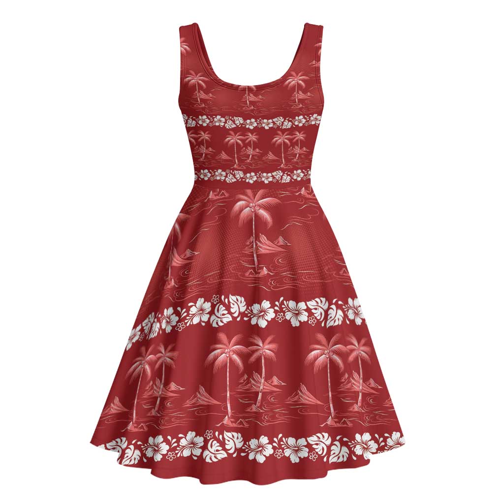 Red Hawaii Palm Tree Hibiscus Midi Dress Fantasy Summer Vibe