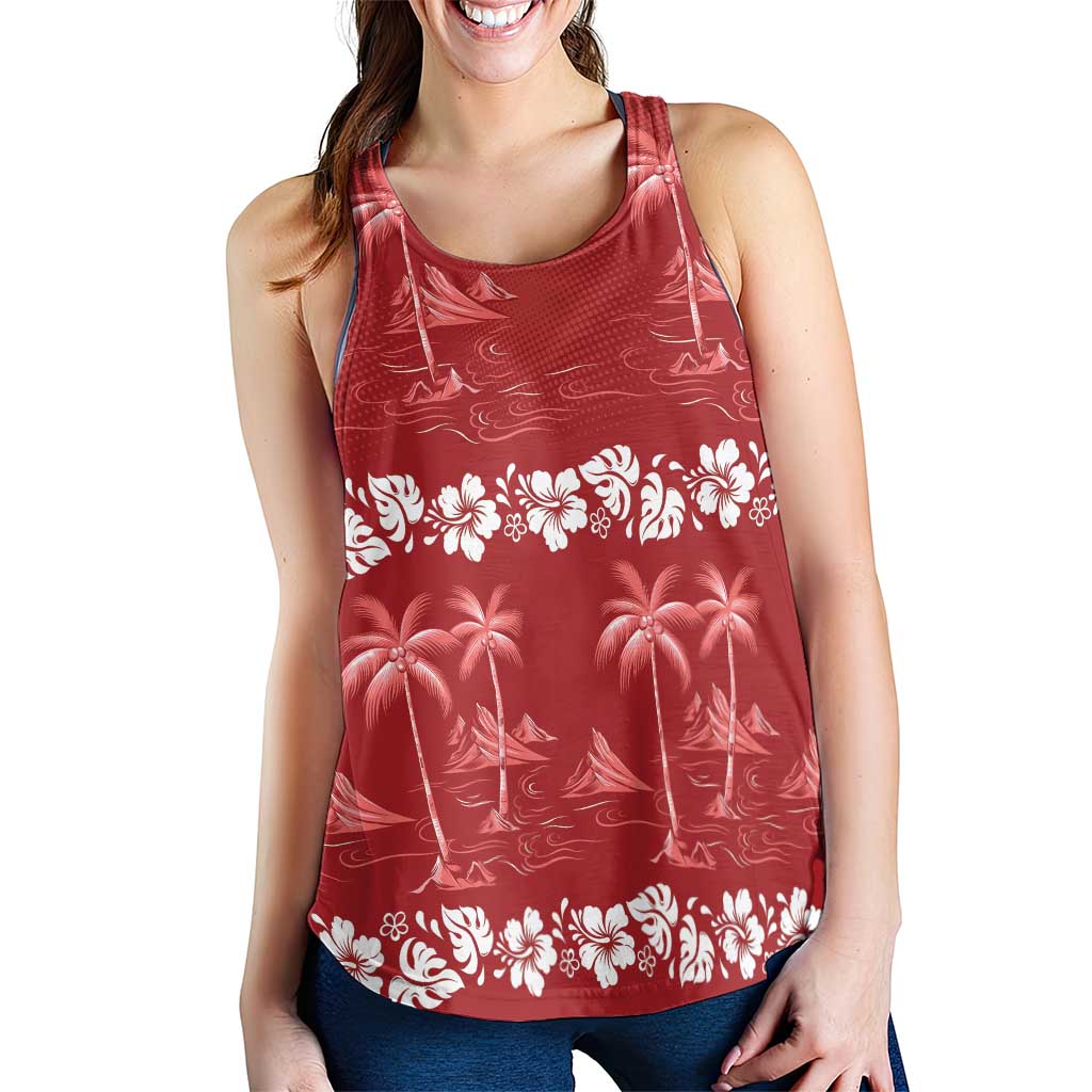 Red Hawaii Palm Tree Hibiscus Women Racerback Tank Fantasy Summer Vibe
