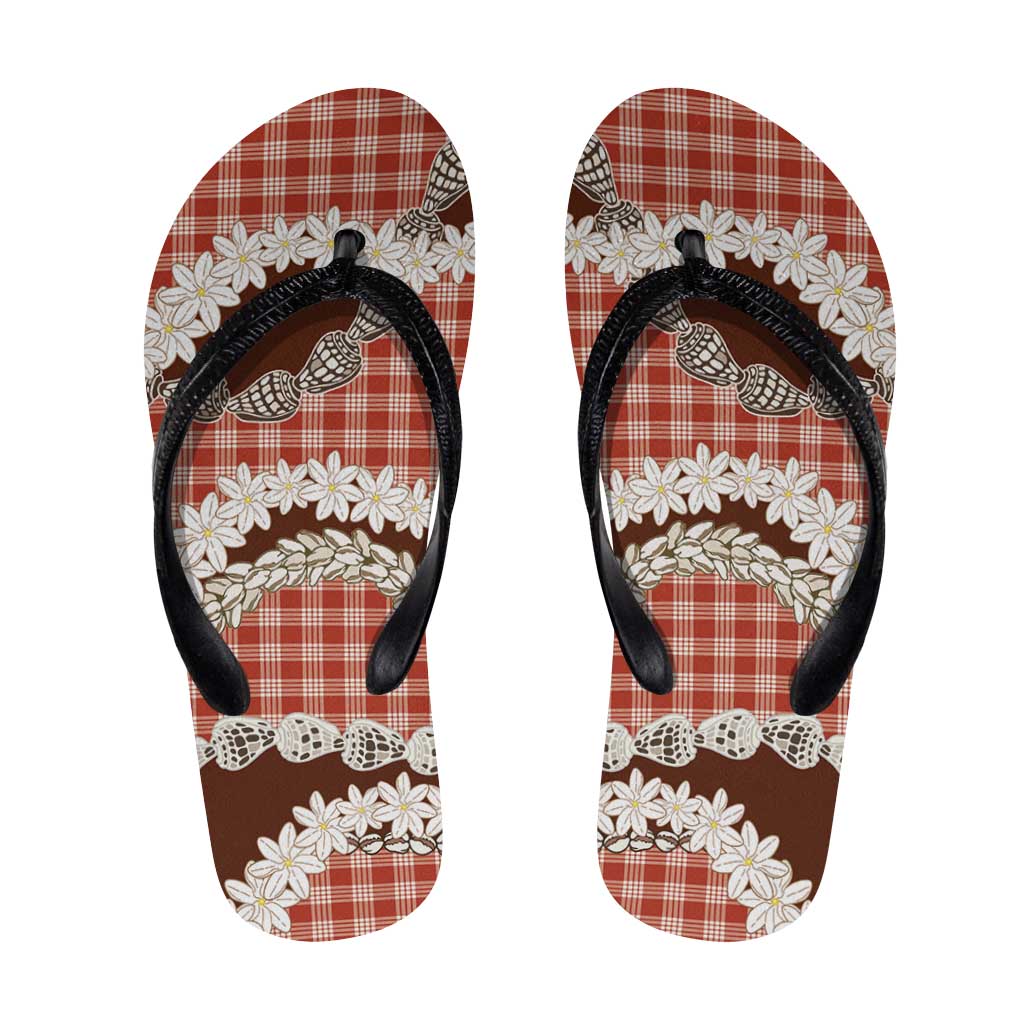 Red Hawaii Tiare and Shell Lei Flip Flops Hawaiian Palaka Luxury Vibes - Polynesian Pride
