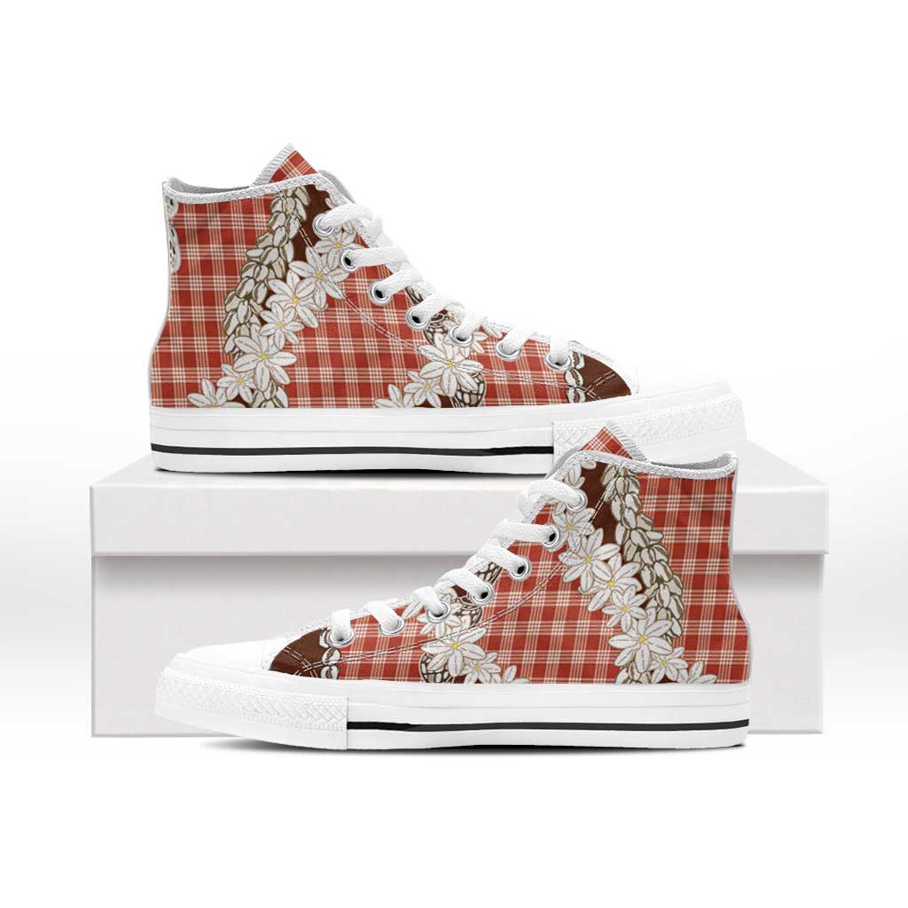 Red Hawaii Tiare and Shell Lei High Top Shoes Hawaiian Palaka Luxury Vibes - Polynesian Pride