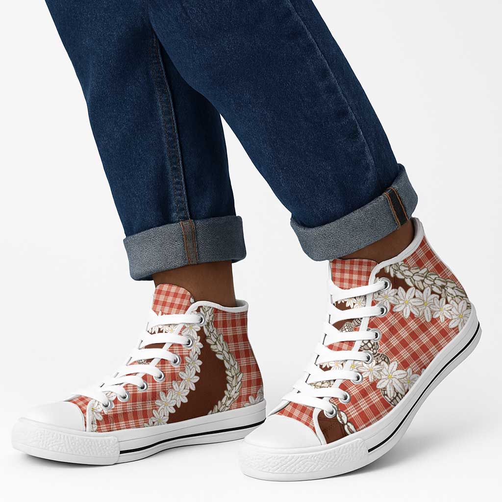 Red Hawaii Tiare and Shell Lei High Top Shoes Hawaiian Palaka Luxury Vibes - Polynesian Pride