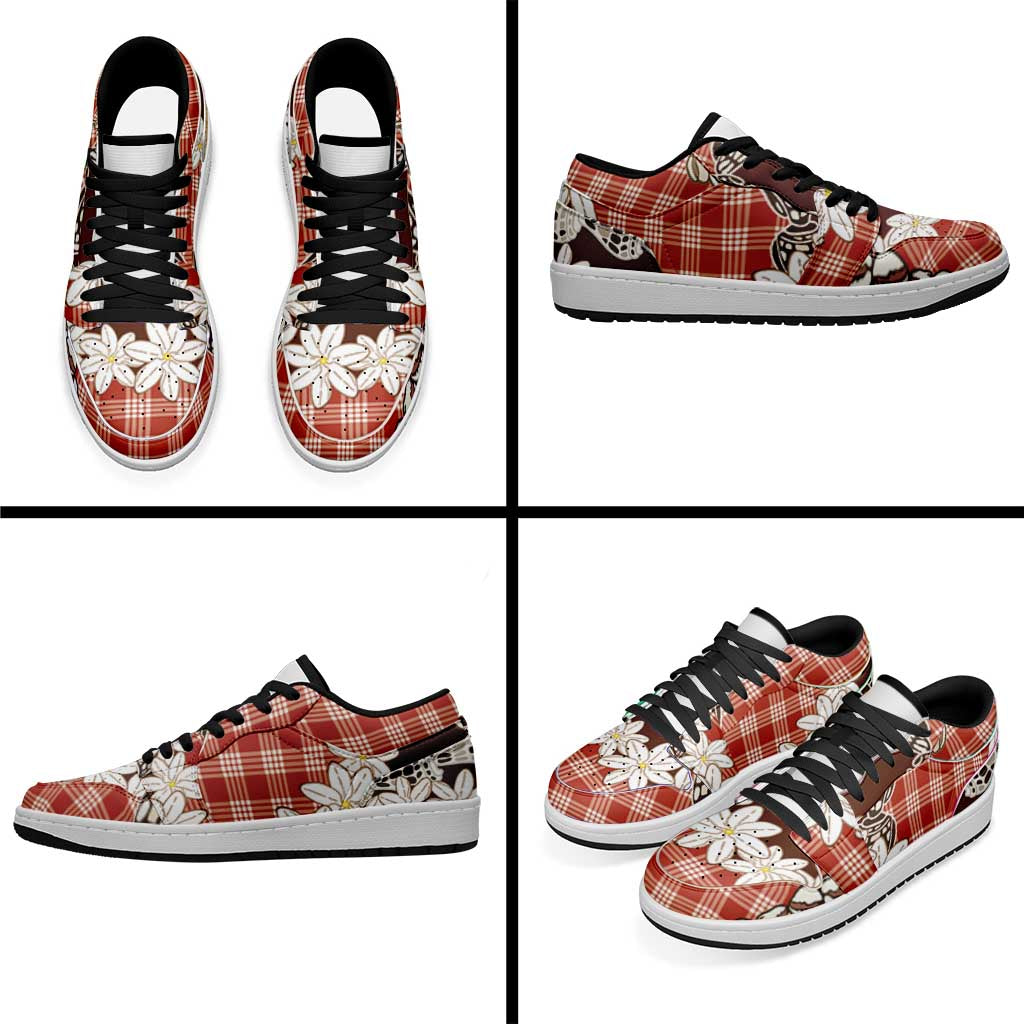 Red Hawaii Tiare and Shell Lei Low Sneakers Hawaiian Palaka Luxury Vibes - Polynesian Pride