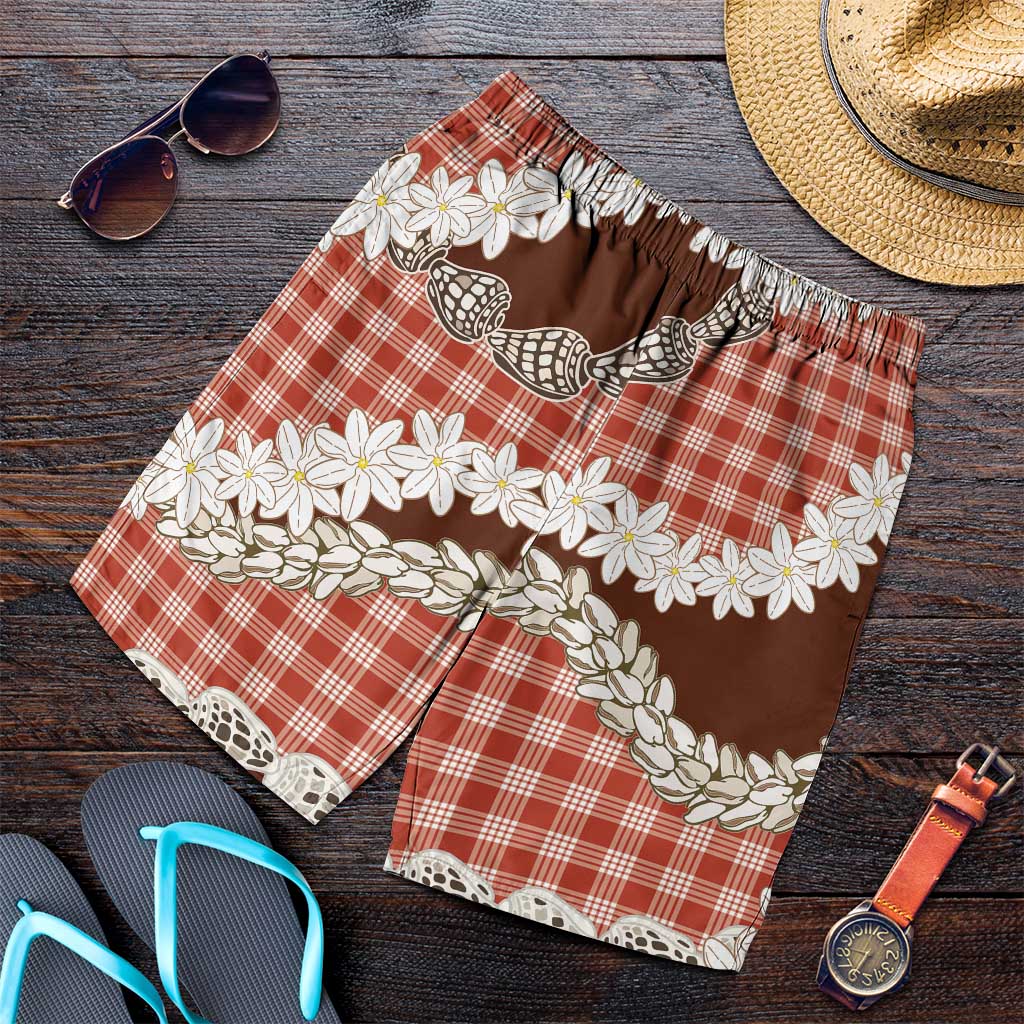 Red Hawaii Tiare and Shell Lei Shorts for Men Hawaiian Palaka Luxury Vibes - Polynesian Pride