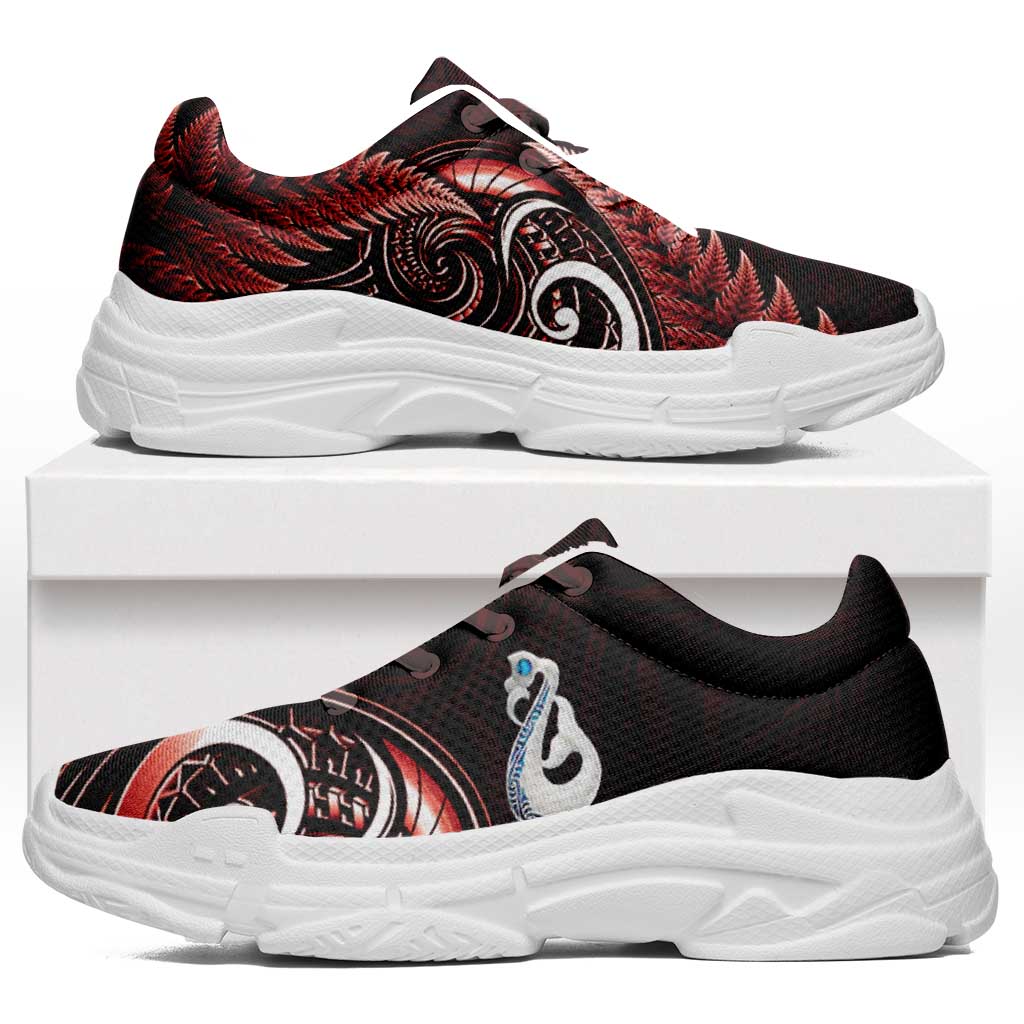 Red New Zealand Chunky Sneakers Aotearoa Silver Fern With Manaia Maori Unique LT14 Red - Polynesian Pride