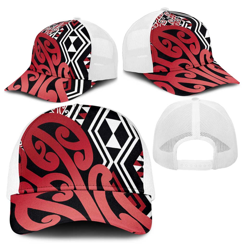 Red New Zealand Mesh Trucker Cap Aotearoa Kowhaiwhai Mix Taniko Art - Polynesian Pride