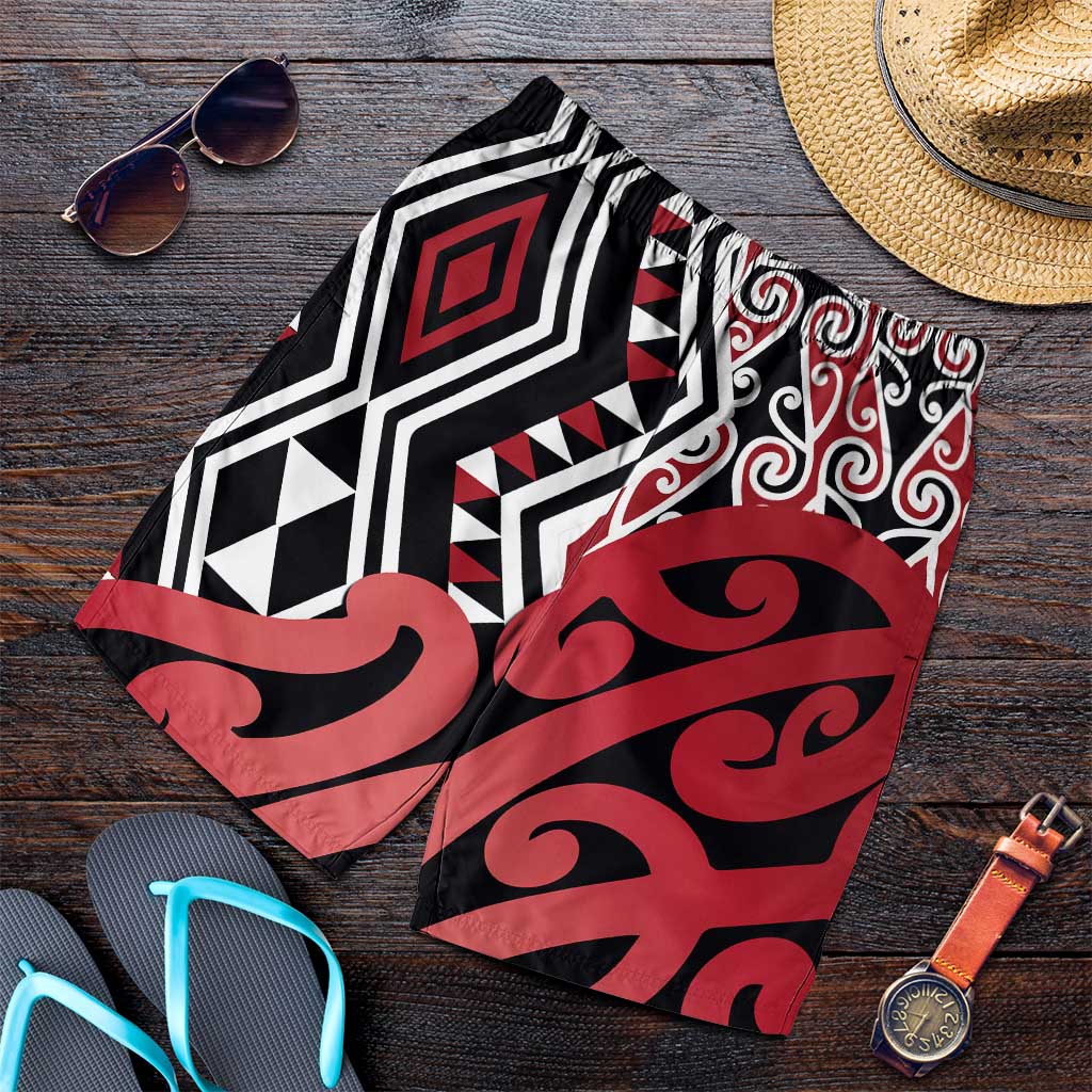 Red New Zealand Shorts for Men Aotearoa Kowhaiwhai Mix Taniko Art LT14 Red - Polynesian Pride