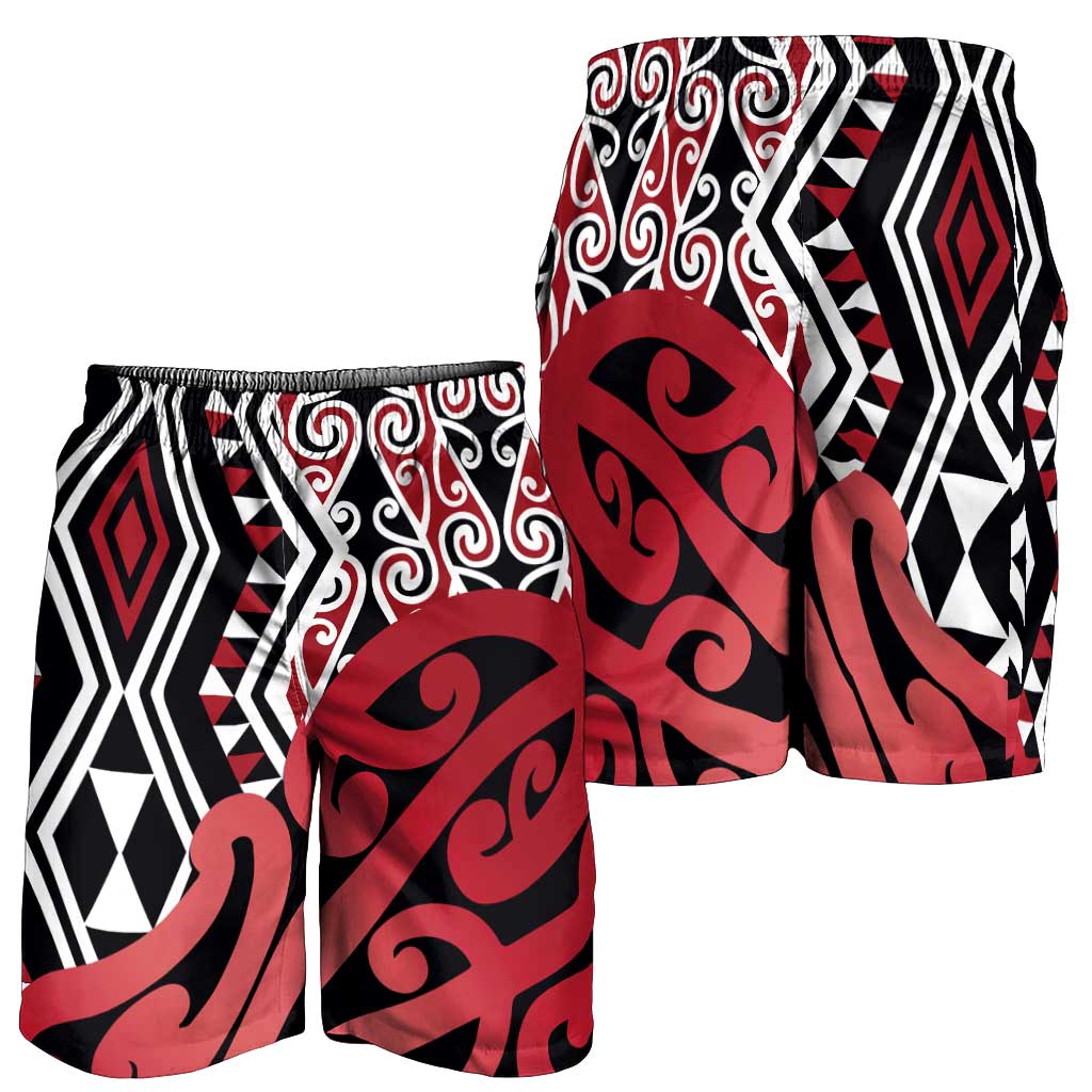 Red New Zealand Shorts for Men Aotearoa Kowhaiwhai Mix Taniko Art LT14 - Polynesian Pride