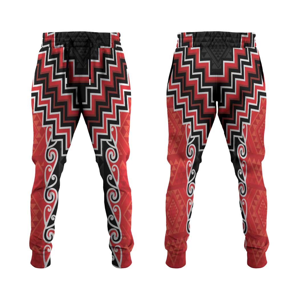Red Niho Taniwha Mix Poutama Jogger Pants Unique Taniko Aotearoa LT01 Red - Polynesian Pride
