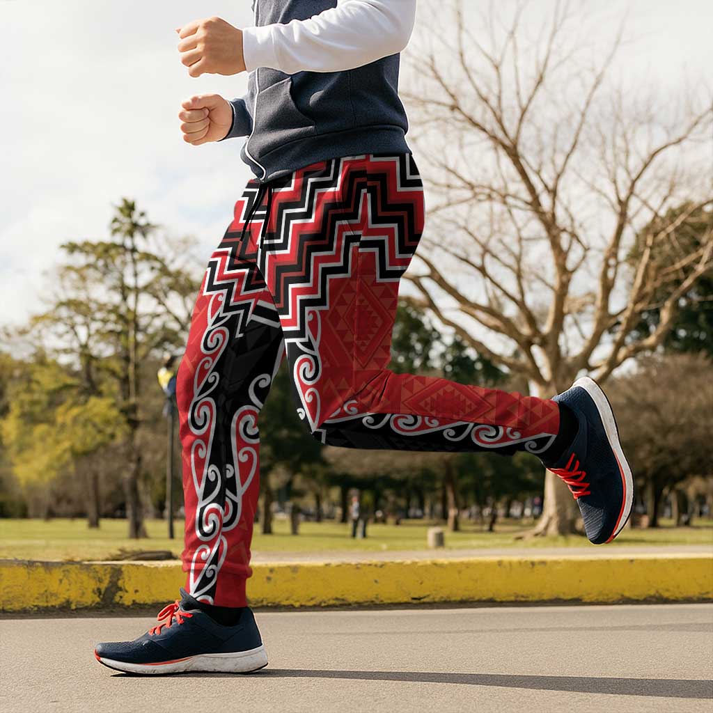 Red Niho Taniwha Mix Poutama Jogger Pants Unique Taniko Aotearoa LT01 - Polynesian Pride
