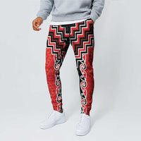 Red Niho Taniwha Mix Poutama Jogger Pants Unique Taniko Aotearoa LT01 - Polynesian Pride