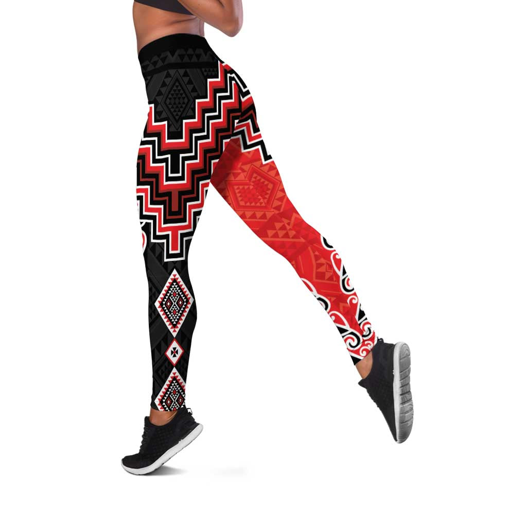Red Niho Taniwha Mix Poutama Leggings Unique Taniko Aotearoa LT01 Red - Polynesian Pride