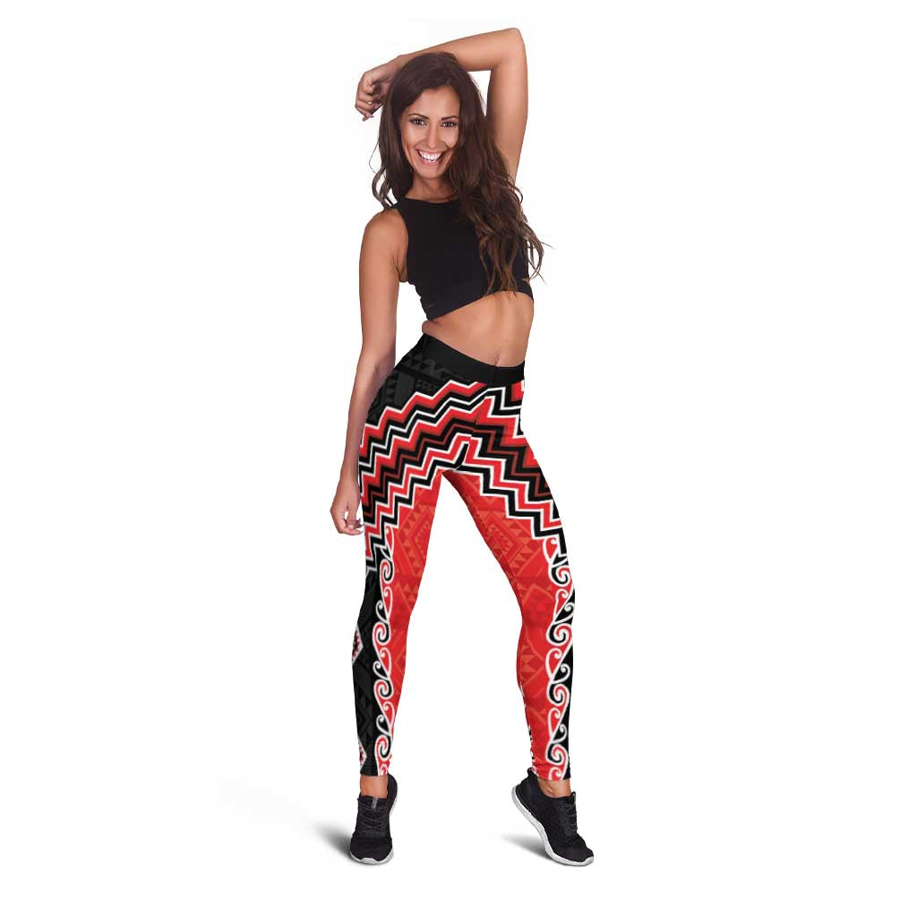 Red Niho Taniwha Mix Poutama Leggings Unique Taniko Aotearoa LT01 - Polynesian Pride