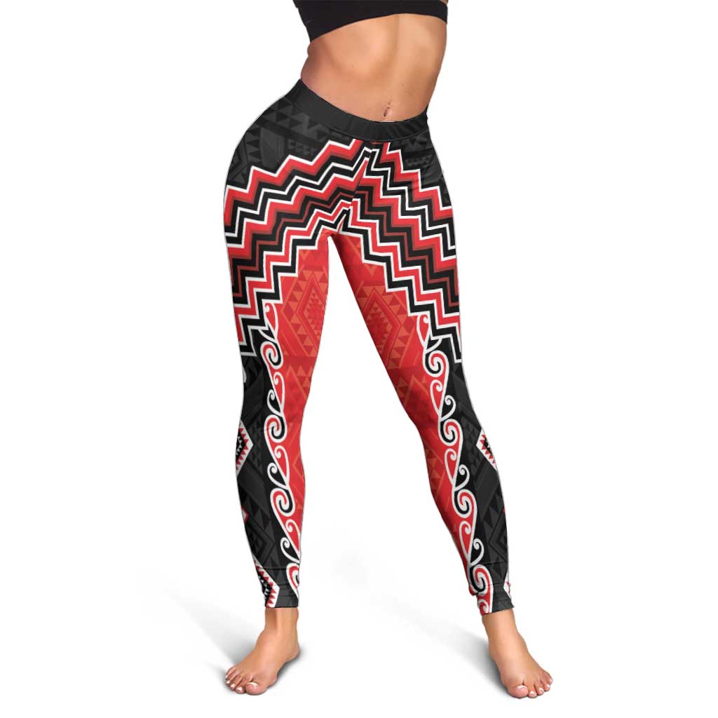 Red Niho Taniwha Mix Poutama Leggings Unique Taniko Aotearoa LT01 - Polynesian Pride
