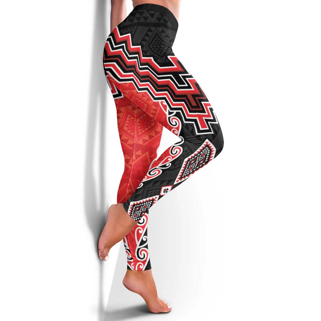 Red Niho Taniwha Mix Poutama Leggings Unique Taniko Aotearoa LT01 - Polynesian Pride