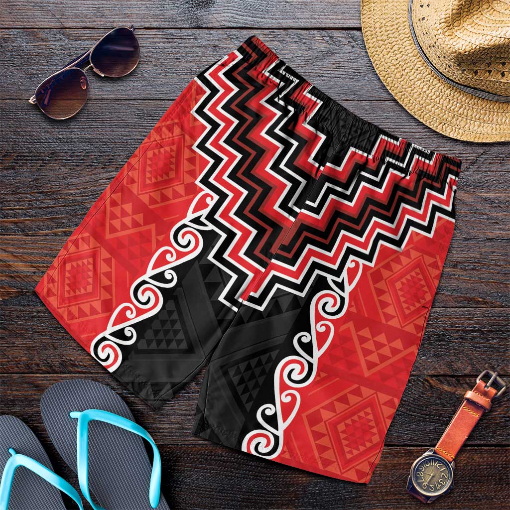 Red Niho Taniwha Mix Poutama Shorts for Men Unique Taniko Aotearoa LT01 Red - Polynesian Pride