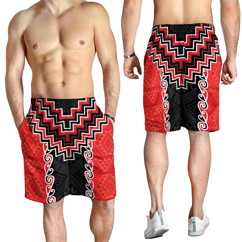 Red Niho Taniwha Mix Poutama Shorts for Men Unique Taniko Aotearoa LT01 - Polynesian Pride