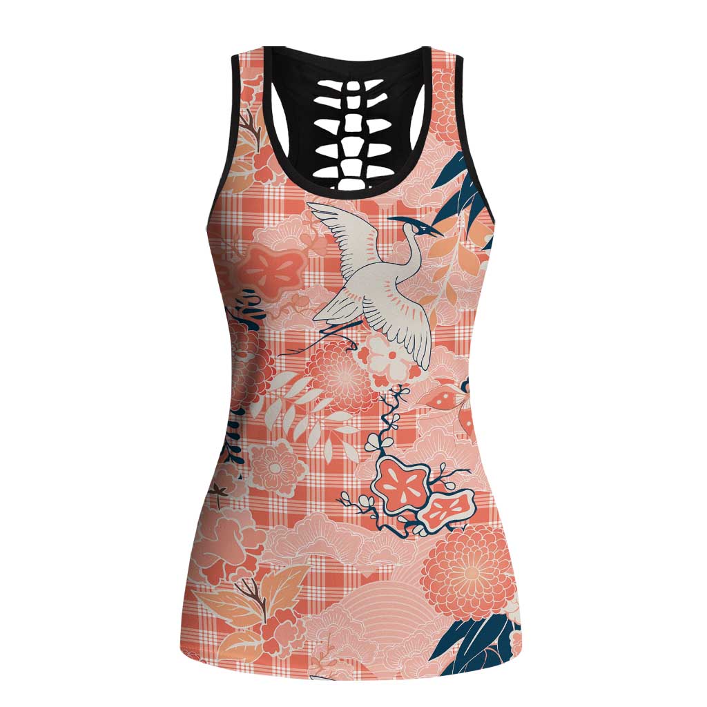 Red Palaka Crane and Flowers Hollow Tank Top Japan Heritage Spirit LT9 Female Red - Polynesian Pride