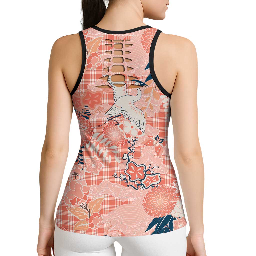 Red Palaka Crane and Flowers Hollow Tank Top Japan Heritage Spirit LT9 - Polynesian Pride