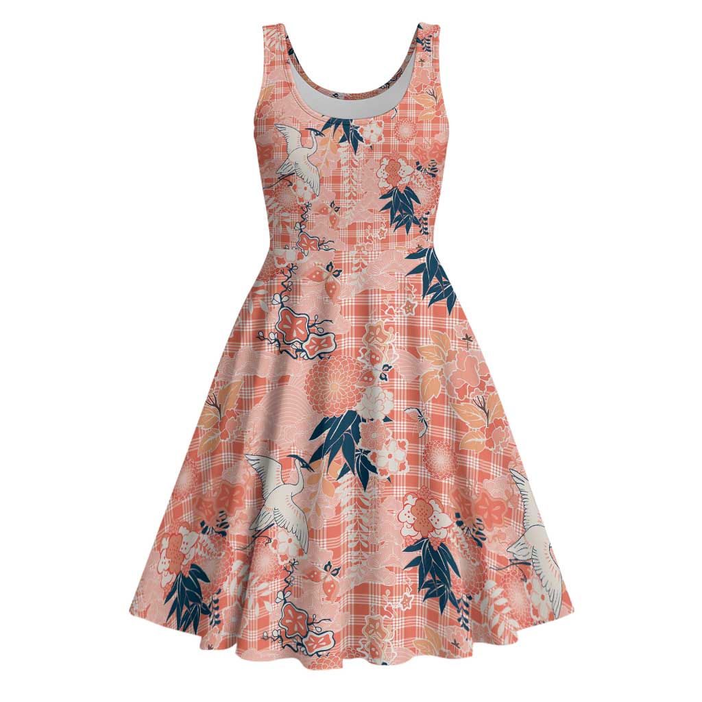 Red Palaka Crane and Flowers Midi Dress Japan Heritage Spirit - Polynesian Pride