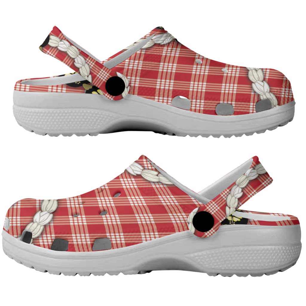 Red Palaka Hawaii Clogs Shoes Kukui Nut Pikake Lei Hawaiian Tapa Pattern - Polynesian Pride