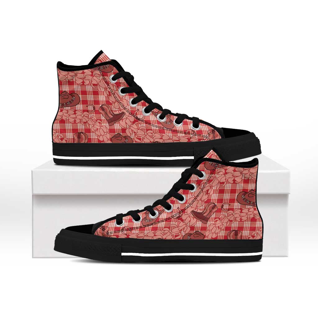 Red Palaka Hawaii Cowboy High Top Shoes Puakenikeni Lei Paniolo Papale Seamless Vibes - Polynesian Pride