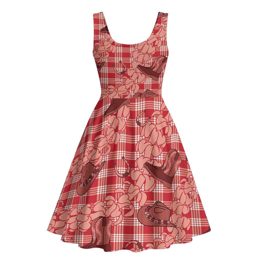 Red Palaka Hawaii Cowboy Midi Dress Puakenikeni Lei Paniolo Papale Seamless Vibes - Polynesian Pride