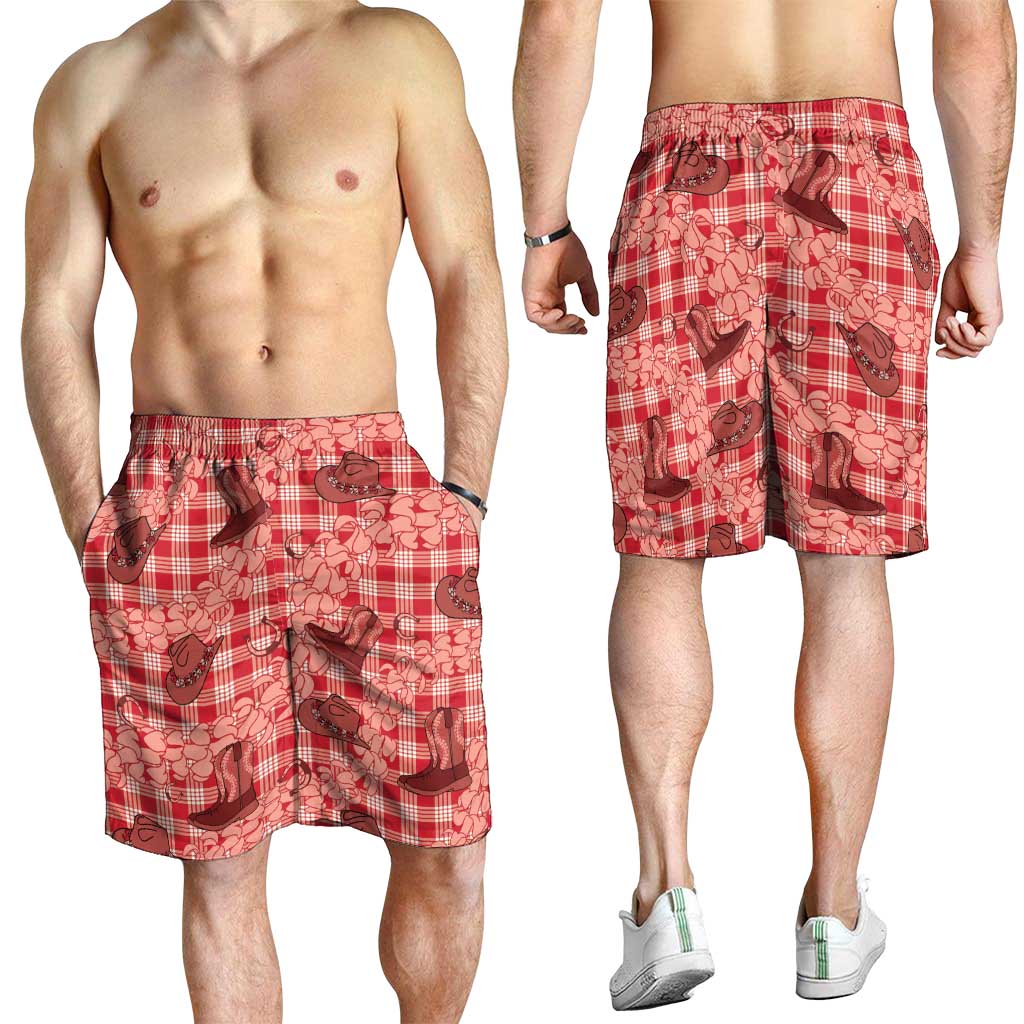 Red Palaka Hawaii Cowboy Shorts for Men Puakenikeni Lei Paniolo Papale Seamless Vibes - Polynesian Pride